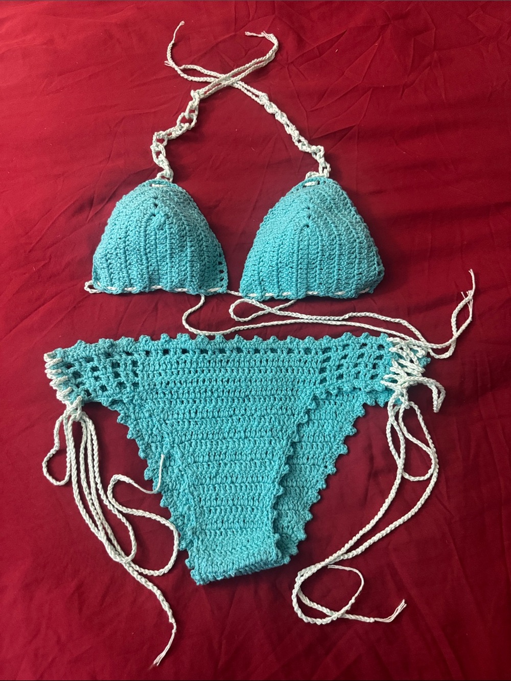Handmade Crochet Bikini Set in Aqua with teal Ties